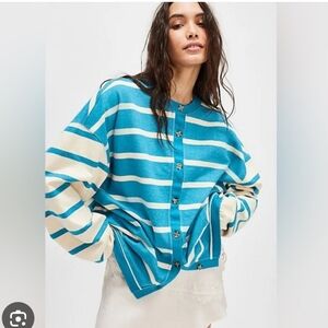 Free People Classic Striped Cardigan Teal and Cream Striped Cardigan Oversized M